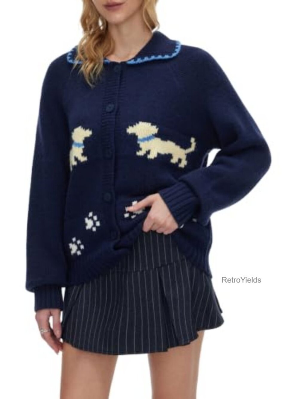 Raglan Sleeve Button Front Cardigan Animal Motif Knit Sweater